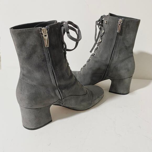 Gianvito Rossi Gray Suede Lace Up Boots Mackay Low Block Heel Ankle Zip sz 38 - Picture 10 of 13